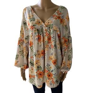 Adora Floral Balloon Sleeve Babydoll Blouse Orange Yellow Boho Tunic L